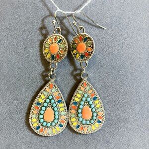 Silver Earrings with Brightly Colored Design